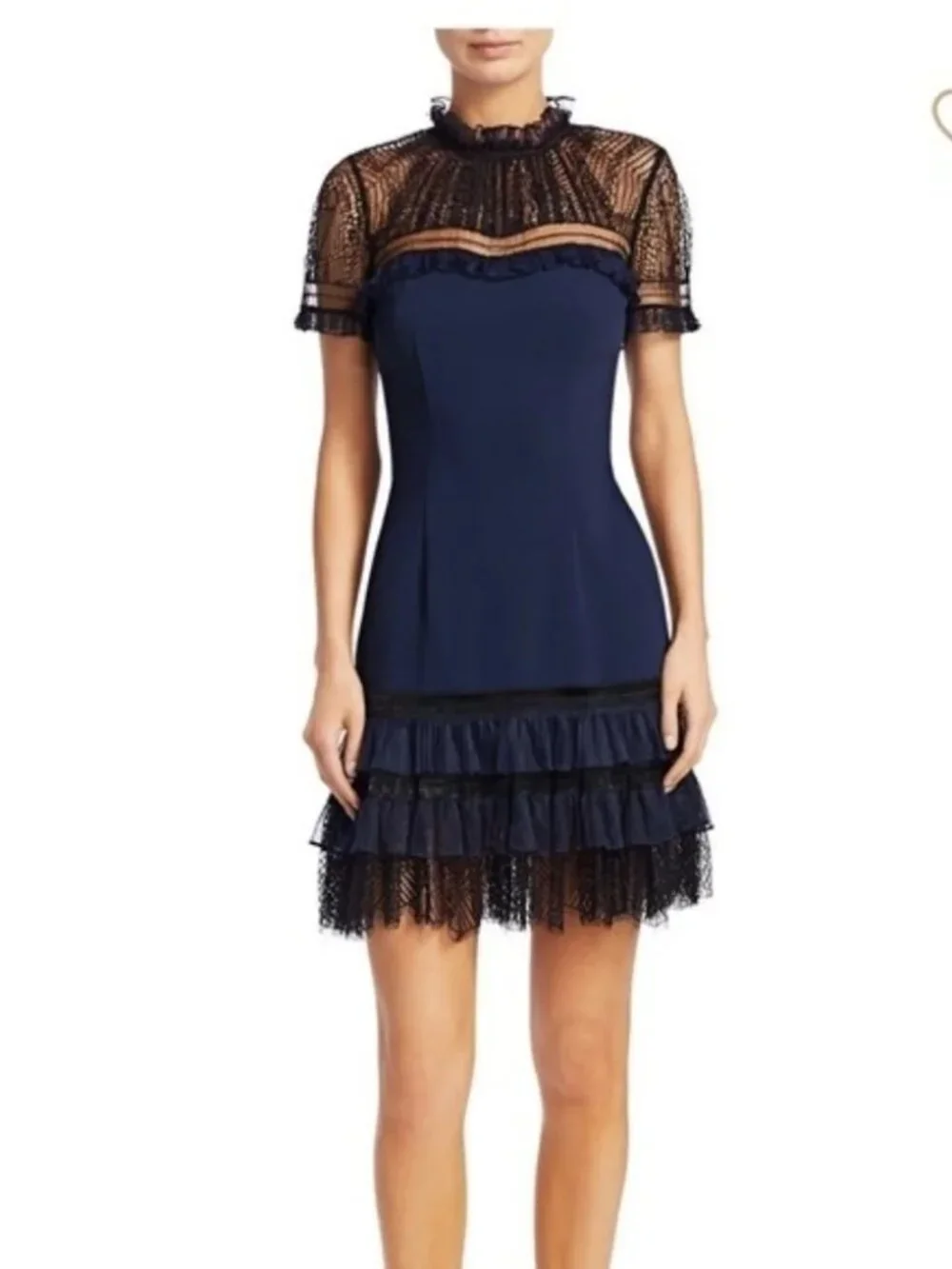 JONATHAN Simkai Navy Black Mock Neck Plisse Tulle Mini Cocktail Dress NW…